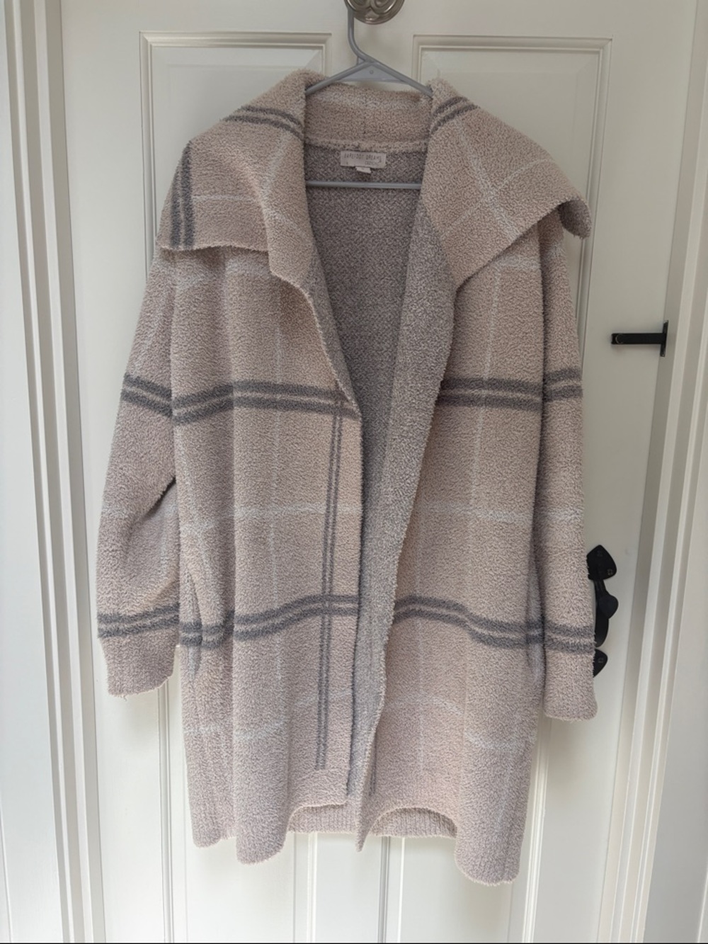 Barefoot Dreams Hooded Plaid Open-Front Cardigan - Beige & Gray